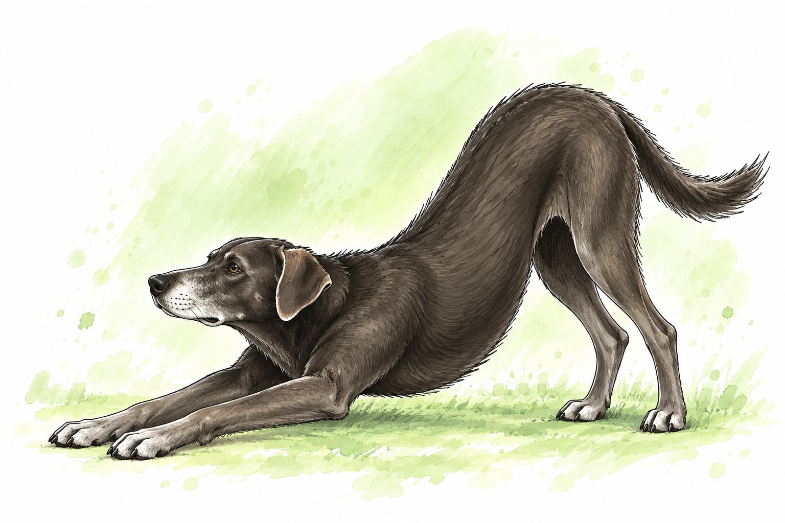Illustration eines Hundes, der sich mit tiefem Vorderkörper und angehobener Hinterhand dehnt